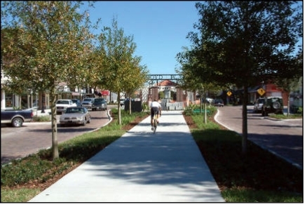 A City-wide network of sidewalks, bikeways and trails is envisioned. Winter Garden, FL. has an extensive trail system connecting bicyclists and pedestrians from neighborhoods to downtown. Sidewalk Wintergraden Fla.svg