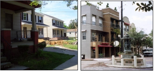 Incompatible Infill (Left) Compatible Infill (Right)
Infill development should be compatible to existing development.
The new homes' greater setbacks on the Left are not compatible with the neighborhood character. On the Right, Architectural character and placement were considered when these new buildings were planned next to older buildings. Compatiblie Infill.svg