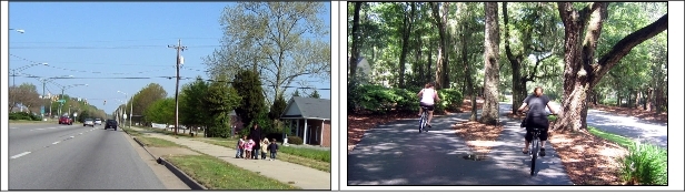 Safer and easily accessible bikeways and pedestrian trails should be included
in all future development plans. Very little separates the pedestrians from high speed traffic in photograph A (Left). In photograph B (Right), pedestrian and bicyclists are separated from the road by a landscaped buffer. Transportation 1.svg